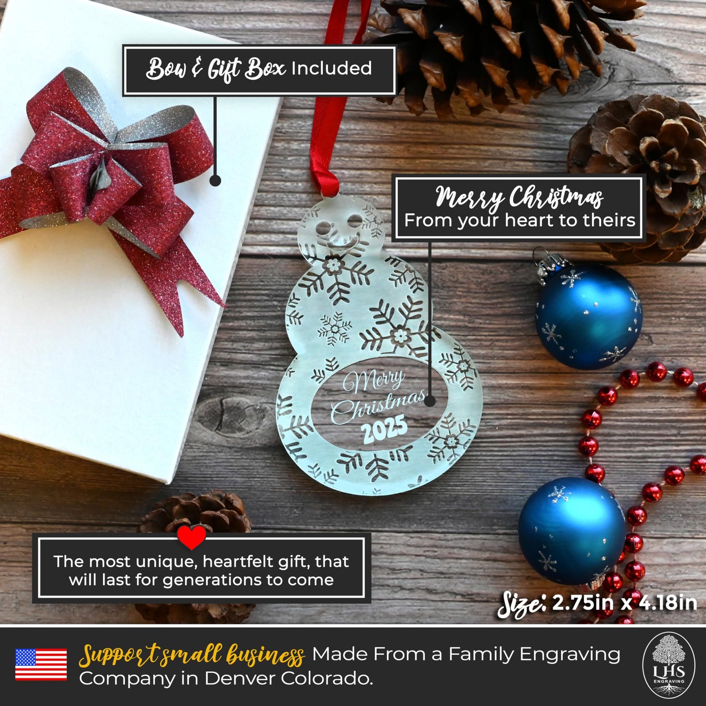 LHS Engraving - Personalized Christmas Ornaments for 2025 Gift Box Incld | Custom Engraved Snowman Keepsake Clear Acrylic (Holiday Year Non Custom)