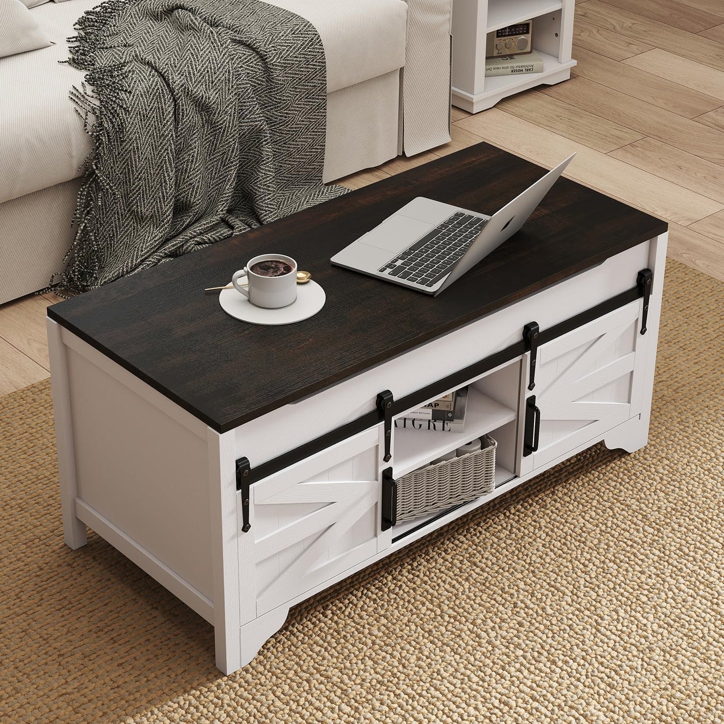 Kmax Lift Top Coffee Table, Farmhouse Coffee Table with Hidden Storage & Sliding Barn Door, Modern Rectangular Rustic White Living Room Center Table, Black Top