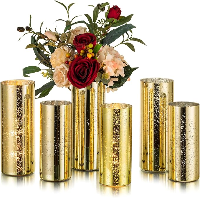Glasseam Gold Cylinder Vases for Centerpieces: 6 Modern Mercury Hurricane Glass Vase Set for Flowers - Decorative Golden P...