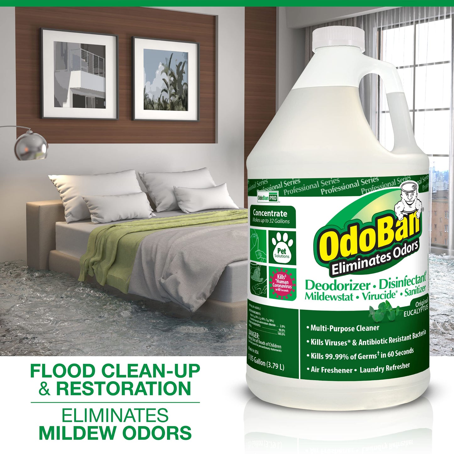 OdoBan Professional Disinfectant and Odor Eliminator Concentrate, Made in the USA, Original Eucalyptus Scent, 1 Gallon