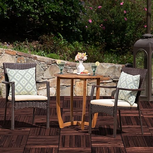 VICTORY RELAX Acacia Wood Decking Tiles 27PCS - Easy Snap Interlocking Deck Tiles for Patio Poolside Balcony Decor - All Weather Waterproof Flooring for Indoor & Outdoor (Round Joints)