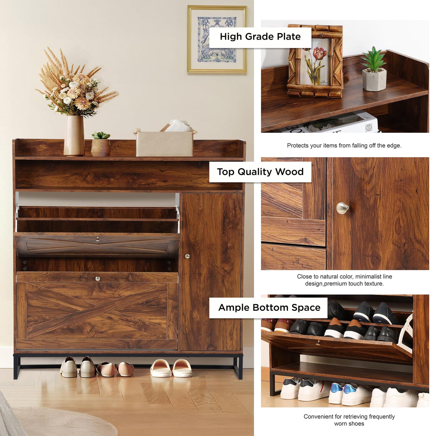 SunSettler Shoe Storage Cabinet with 2 Flip Drawers & Side Cabinet, Freestanding Shoe Organizer with Metal Legs for Entryway, Narrow Shoe Rack Cabinet, Rustic Brown