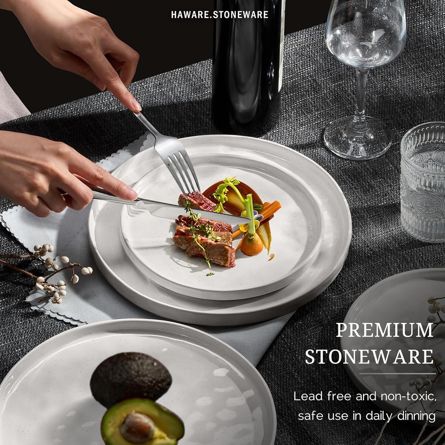 HaWare Dinnerware Sets, 12-Piece Plates and Bowls Set, Stoneware Dish Set for 4, Ceramic Dinnerware for Home Restaurant, Chip and Scratch Resistant, Microwave and Dishwasher Safe, Speckled White