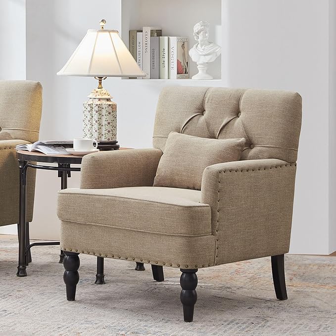 HUIMO Tufted Club Chair,Accent Chair with Lumbar Pillow, Upholstered Button Armchair, Linen Fabric Sofa Chairs for Bedroom, Living Room, Mid Century Modern with Studded Reading Chair Brown