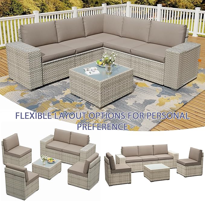 Broivira 6 Piece Patio Furniture Set, 9.8" Wide Arm Sectional Sofa with Storage Armrests, All-Weather Rattan Outdoor Conversation Set for Garden, Porch, Lawn, Backyard, Balcony, Khaki