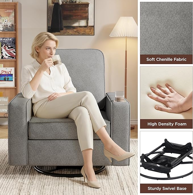 Swivel Square Accent Chair with Wide Armrests,360° Rotating Comfy Single Sofa Chairs with USB/Type-C,Cup Holder & Side Pocket,Modern Armchair for Living Room Bedroom Reading Lounge Nook,Light Grey | Swivel Accent Chair, with USB/Type-C, Cup Holder, Sid...