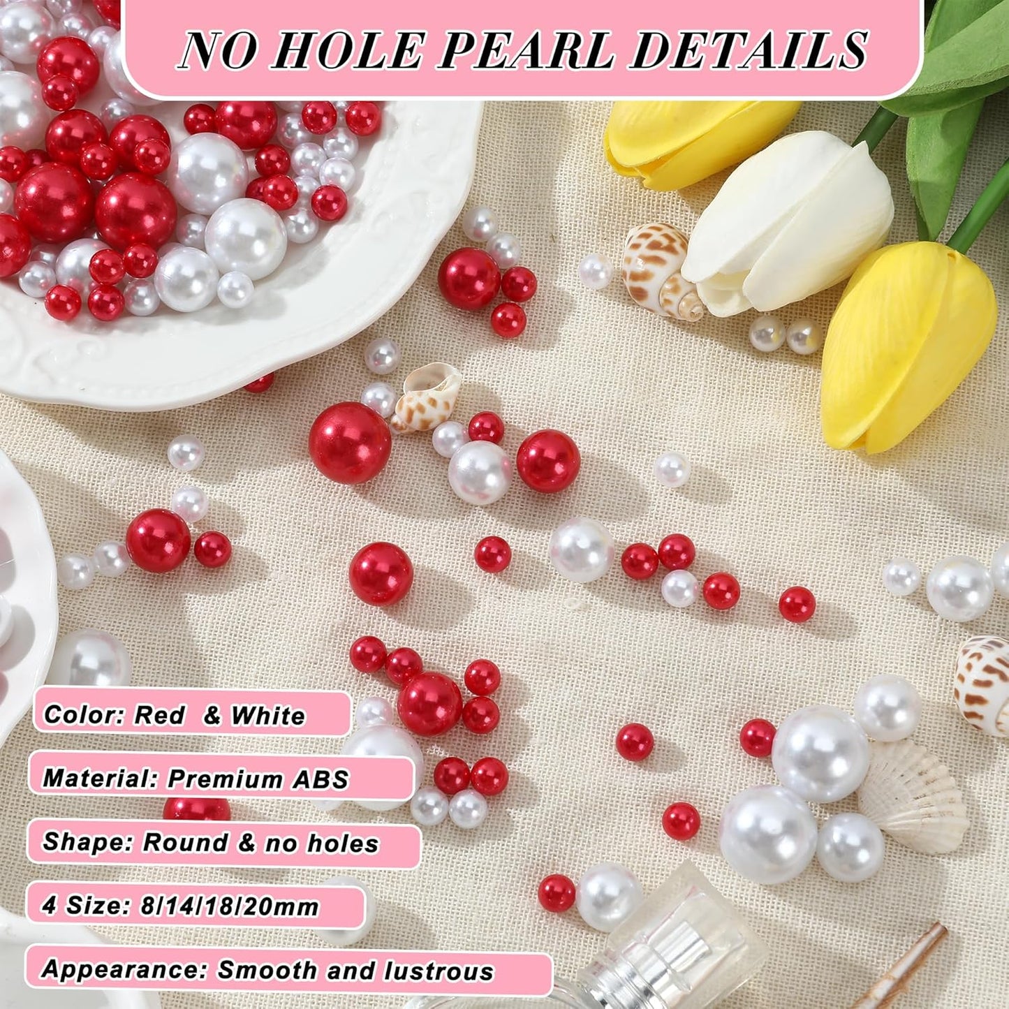 Pearl Beads No Hole Pearls for Crafting 180 Pcs Fake Pearls Faux Pearls for DIY Crafts Jewelry Making Vase Filler Floating Candle Wedding Birthday Party Home Decorations (Red & Ivory, 8/10/14/20mm)