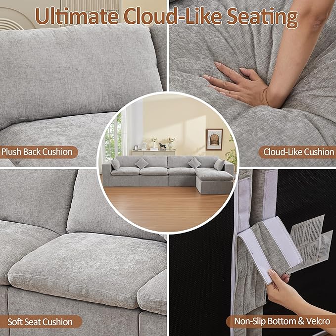 155''Cloud Boneless Sectional Couch, Modular Sectional Sofa Deep Seat with Ottoman, Oversized Upholstered Convertible Comfy 5 Seater Chenille Sofa L Shape Couches for Living Room, Light Grey