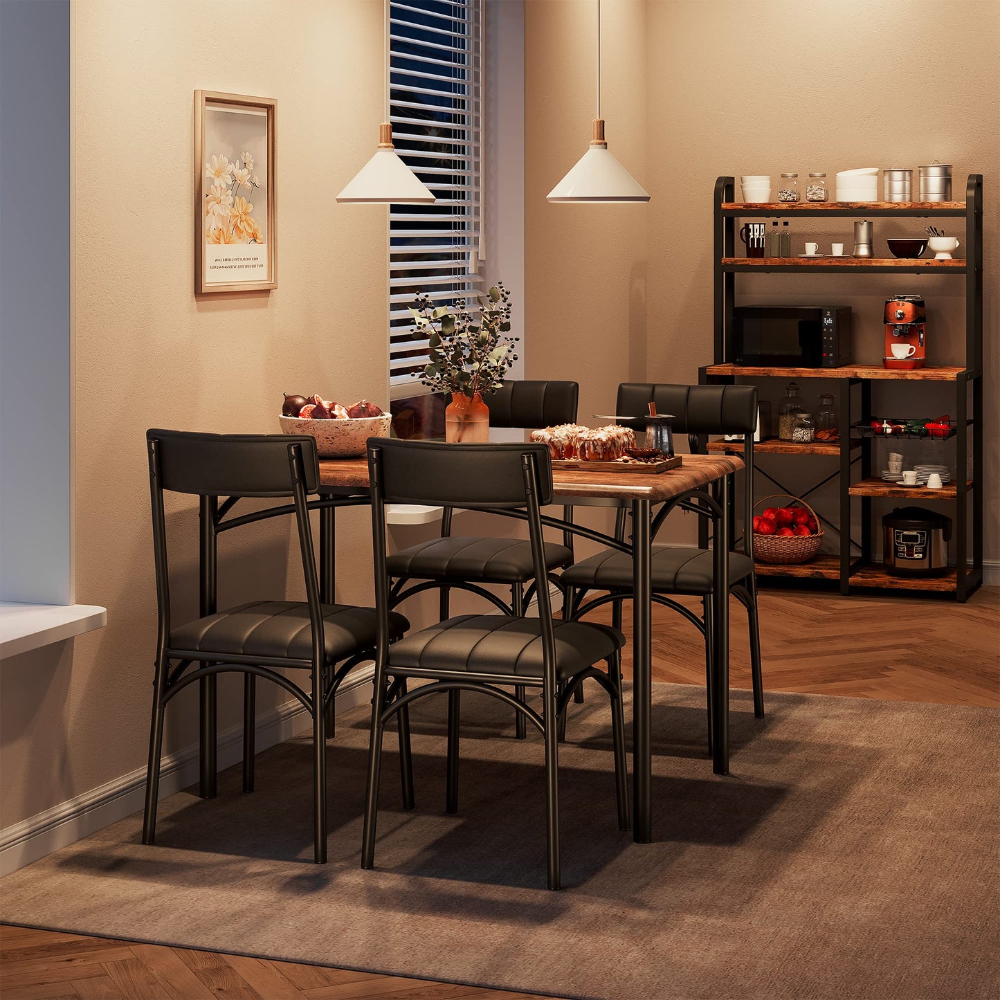 GAOMON Kitchen Table and Upholstered Chairs for 4, Dining Table Set for 4, 5 Piece Dining Room Table Set, Rectangular Kitchen Table Set for Small Space, Apartment, Home, Retro Brown