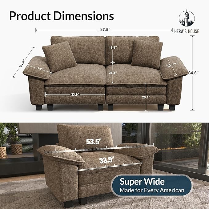 HERA'S HOUSE 88" Modular Sectional Sofa, Loveseat Couches for Living Room, Comfy Cloud Couch 2-Seater Deep Seat Sofa with Throw Pillow, Chenille Taupe