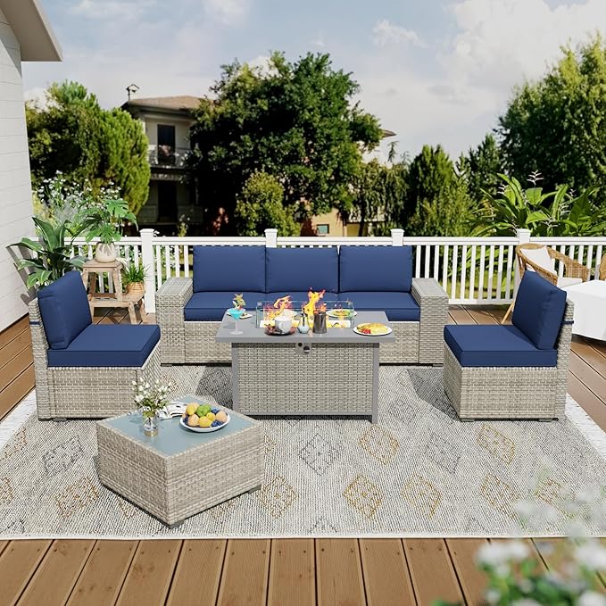 Broivira 7 Piece Patio Furniture Set with 50,000 BTU Rattan Fire Pit Table That Converts to Coffee Table, 9.8" Wide Arm Sectional Sofa with Storage Armrests, Outdoor Rattan Conversation Set, Blue