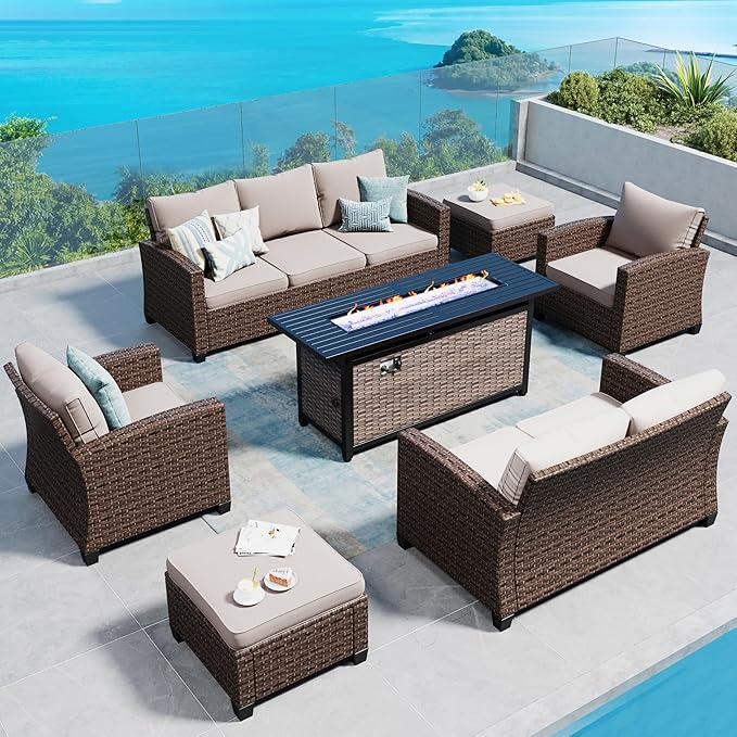 SUNSHINE VALLEY Patio Furniture Set Outdoor Furniture Brown Wicker Rattan Patio Conversation Sets with Cushion Outside Sofa Set,6 Pieces with Rectangular Firepit Table,9 Seats,Beige