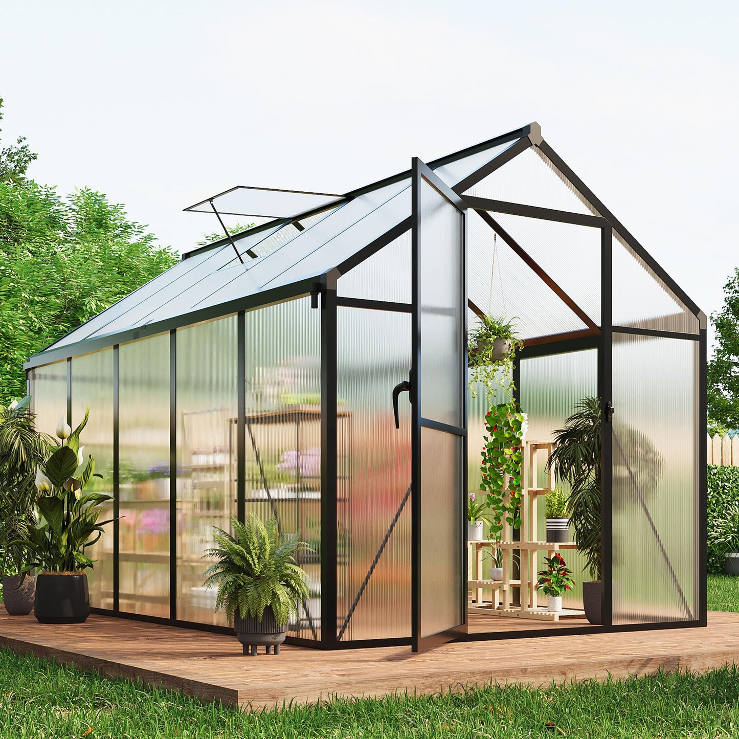 6X10 Ft Polycarbonate Greenhouse Sunroom with Aluminum Frame, Outdoor Greenhouse for Vegetables Herbs Flowers, Lockable Door & Adjustable Roof Vent, Patio Backyard Greenhouse Kit for Gardening, Black