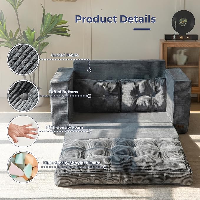 MAXYOYO Convertible Sofa Bed, Pull Out Loveseat Sleeper Sofa, 2 in 1 Folding Couch Bed, Fold Out Floor Couch with Pillows for Living Room Bedroom Lounge, Dark Grey