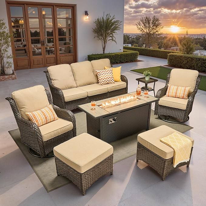 ovios 7 Pieces Patio Furniture Set, Outdoor Wicker Sofa Couch with Swivel Chairs 54" Fire Pit Table, High Back Modern All Weather Conversation Sets, Brown Rattan, Beige