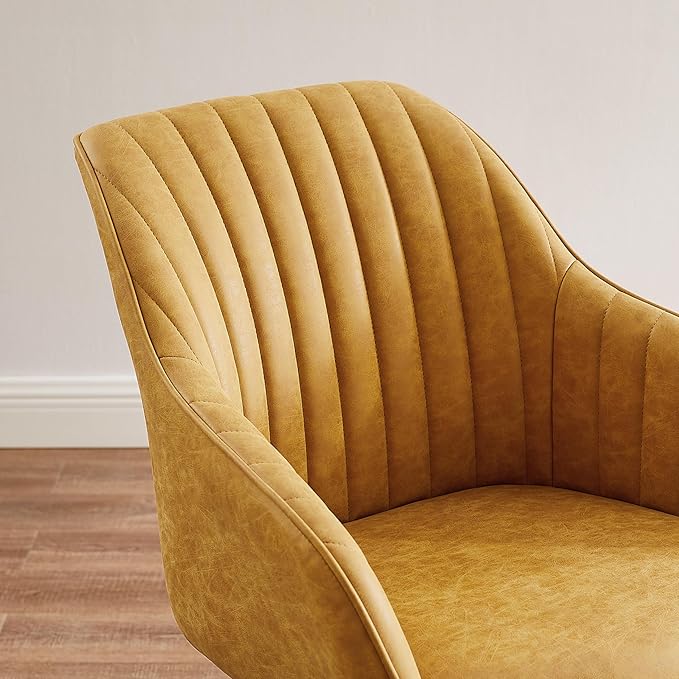 Art Leon Dining Chair, Mid Century Modern Faux Leather Upholstered Swivel Dining Room Chair with Wood Legs, Leisure Side Chair with Arms for Living Room, Yellow Brown