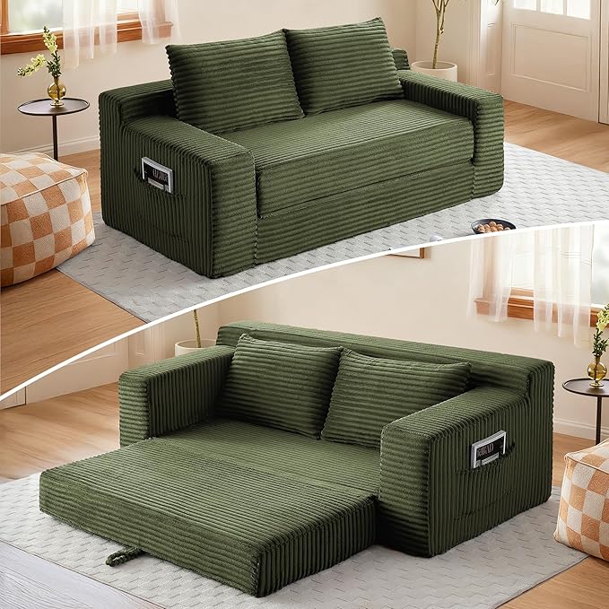 73" Convertible Sofa Bed, 2 in 1 Folding Couch Bed, Boneless Couch in a Box, Cloud Loveseat Sleeper, Fold Out Comfy Floor Futon Sofa with 2 Pillows for Living Room Bedroom, No Assembly (Green, 73")