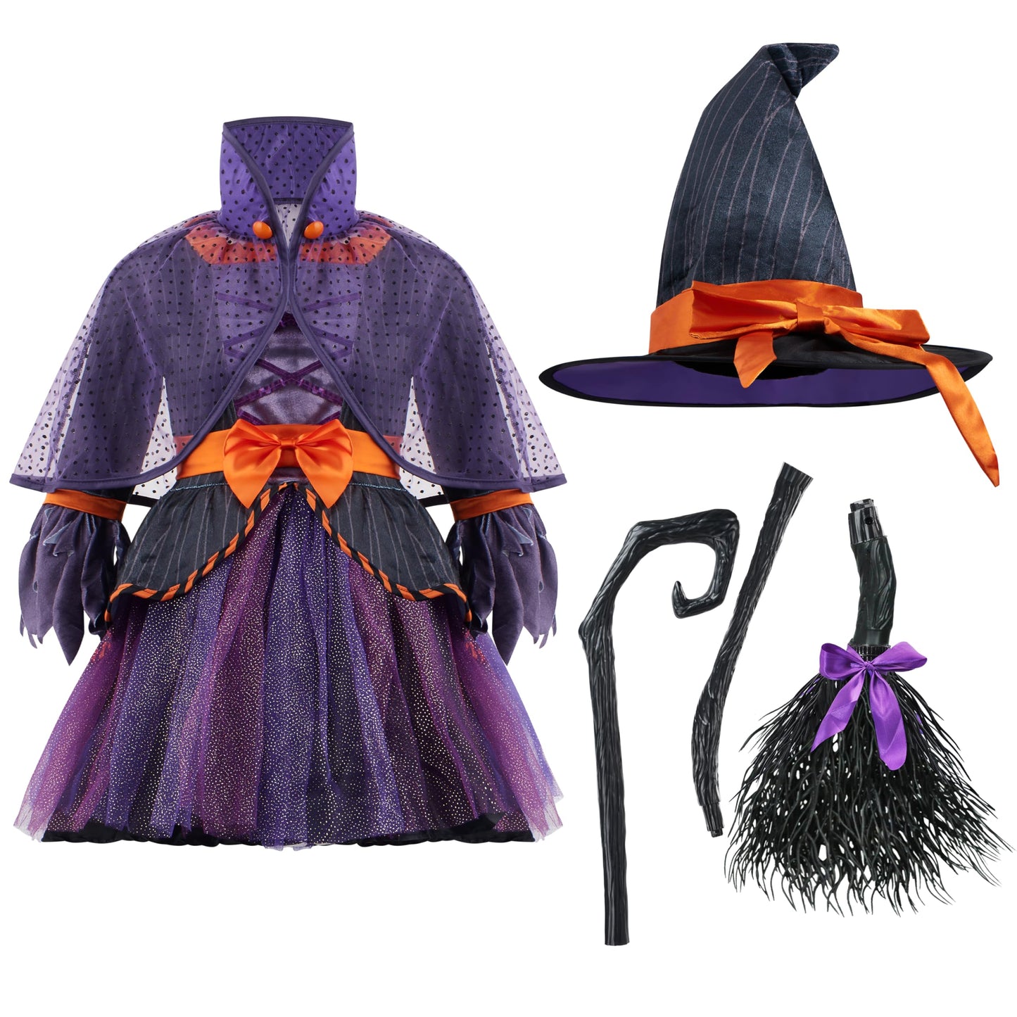 Spooktacular Creations Child Girl Orange Purple Witch Costume, Toddler Witch Outfit Set with Broom for Kids Halloween Dress Up Parties (Toddler (3-4yr))