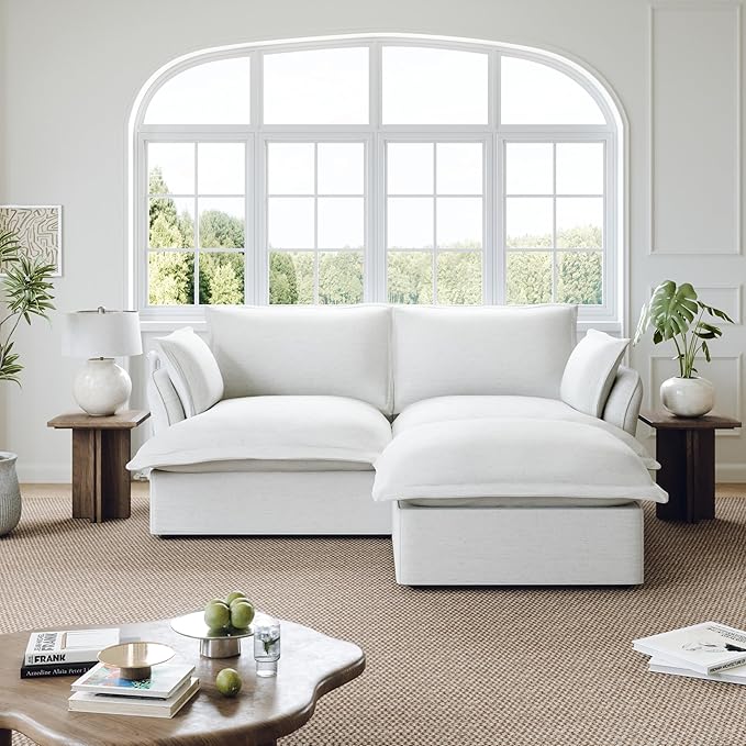 Lopzeho 82” Modular Sectional Sofa, Comfy Down Fill Cloud Couch with Movable Ottoman, L Shaped Modular Small Couch with Washable Cover, Sectional Couches for Living Room Small Apartments, Cream White