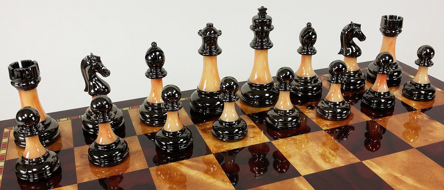 Staunton Chrome & Black Chrome Chess Men Set W 18" Gloss Cherry Color Board