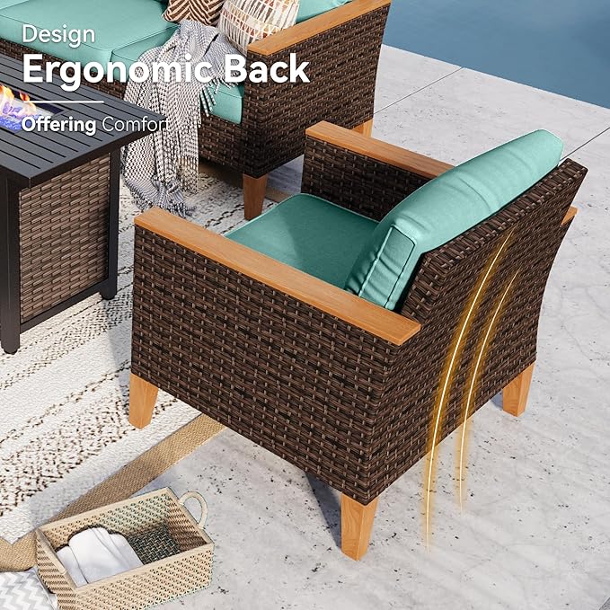 GREEN PARTY 7 Pieces Wicker Patio Furniture Set, All-Weather Outdoor Rattan Patio Sectional Sofa Conversation Set 7 Seats with 4" Thick Cushions for Garden, Backyard, 2 x Ottomans (Blue)