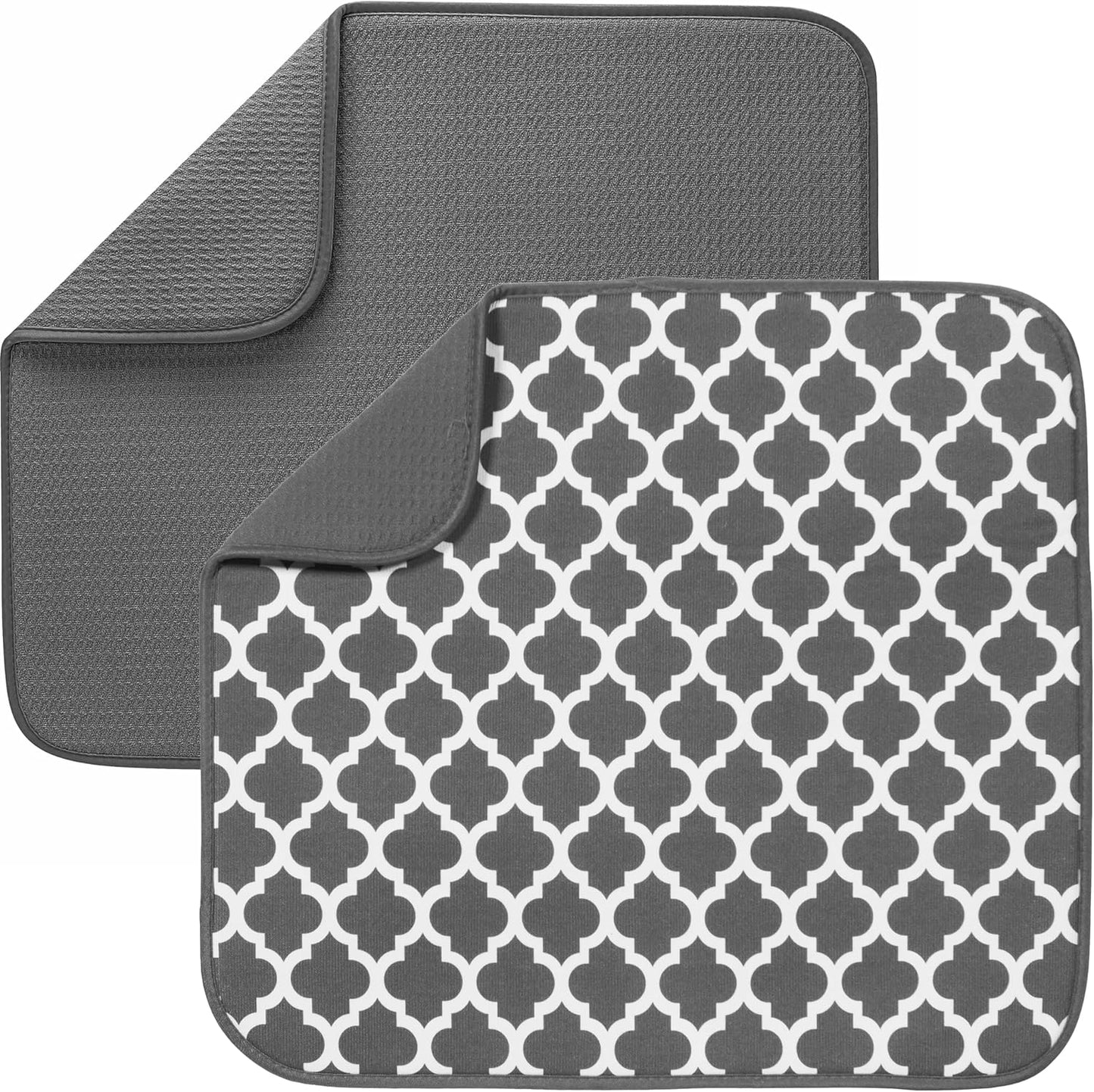 S&T INC. Dish Drying Mat 2 Pack, 16” x 18”, Absorbent Microfiber Kitchen Counter Mat, Dish Drying Pad for Dishes, Utensils, Pots and Pans, Large, Grey and Grey Trellis