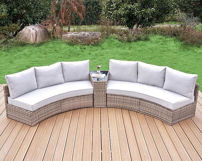 Patio Furniture Sets, 6 Piece Half-Moon Sectional Round Sofa Set, Outdoor Patio Furniture with Cushions for Beach, Pool, Balcony, Beige