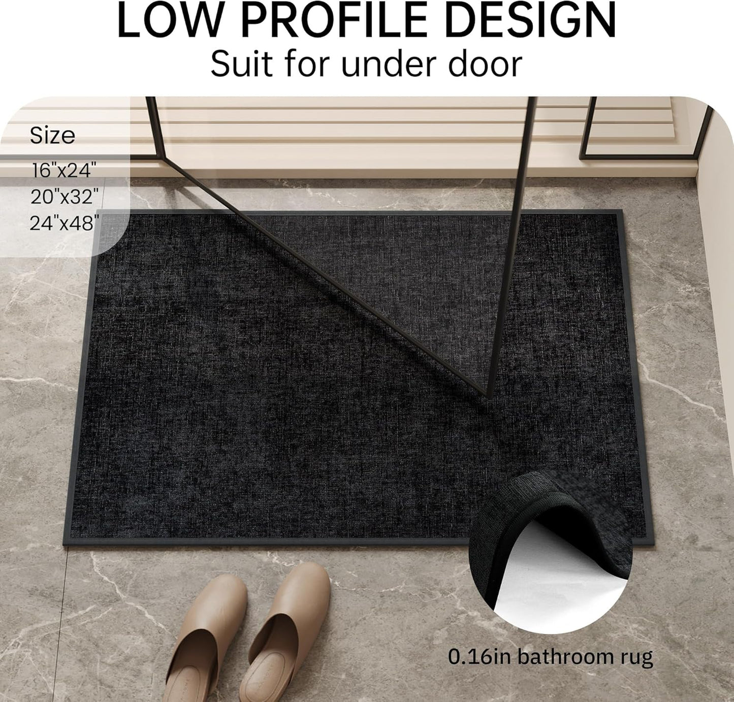 Mecko Bath Mat, Ultra Absorbent Quick Dry Bathroom Floor Mats-Rubber Non-Slip Thin Bathroom Rug Fit Under Door, Cozy Cloth Surface Shower Rug for Bathtub, Sink, Shower Room(Black,16"x24")