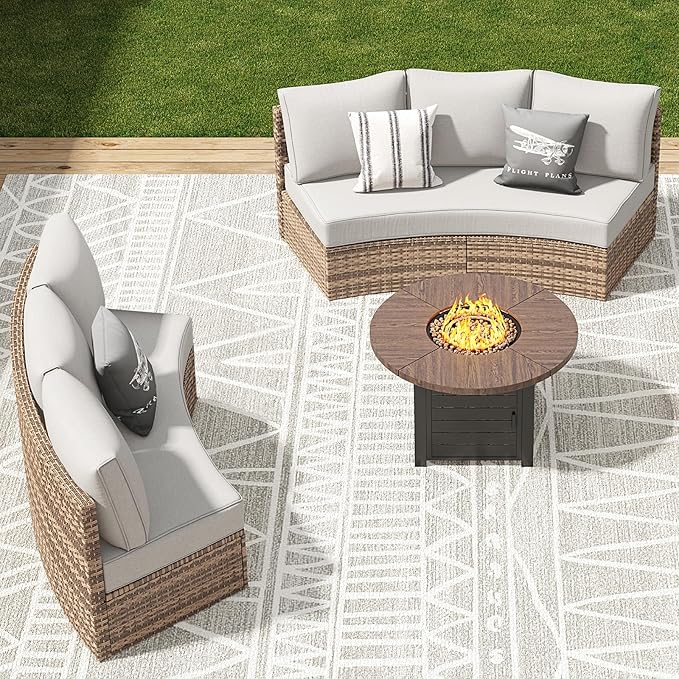 Patio Furniture Sets, 6 Piece Half-Moon Sectional Round Sofa Set, Outdoor Patio Furniture with Cushions for Beach, Pool, Balcony, Beige