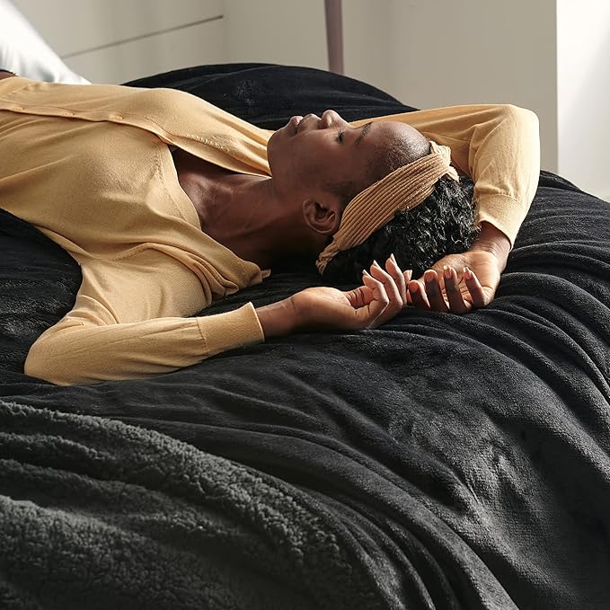 Bedsure GentleSoft Sherpa Fleece Blankets Queen Size for Bed - Thick and Warm Throw for Women and Men, Soft Fuzzy Plush Queen Blanket for Winter, Non-Heated, Black, 90x90 Inches
