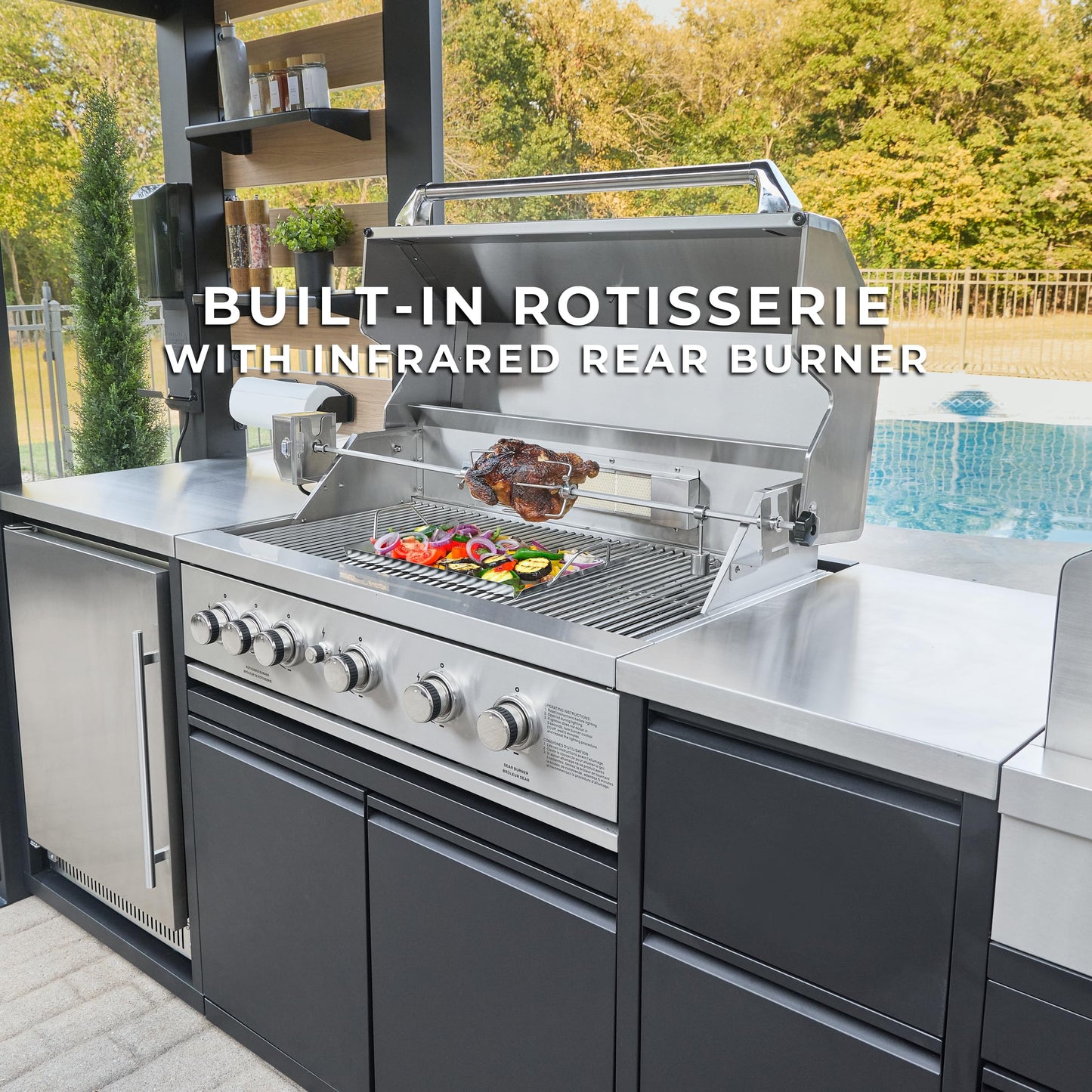 Backyard Discovery Fusion Flame 2 Galvanized Steel Covered Outdoor Kitchen with 5-Burner Stainless Steel Grill, Pizza Oven, Refrigerator, Sink, Storage, and Steel Roof for All-Weather Outdoor Cooking
