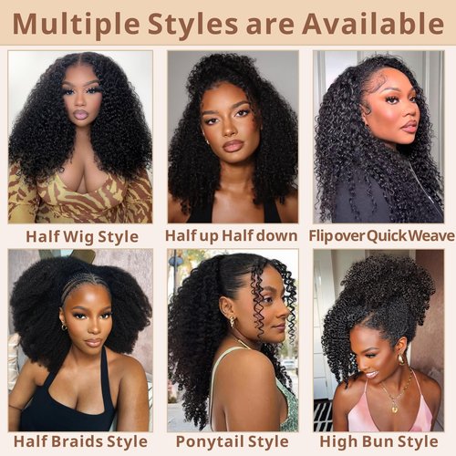 Rsshnlo Kinky Curly Half Wig Human Hair 200% Density 3 In 1 Glueless Wear and Go Kinky Curly Wig Human Hair Seamless Flip Over Wig Drawstring Headband Wig Beginner Friendly 16 Inch