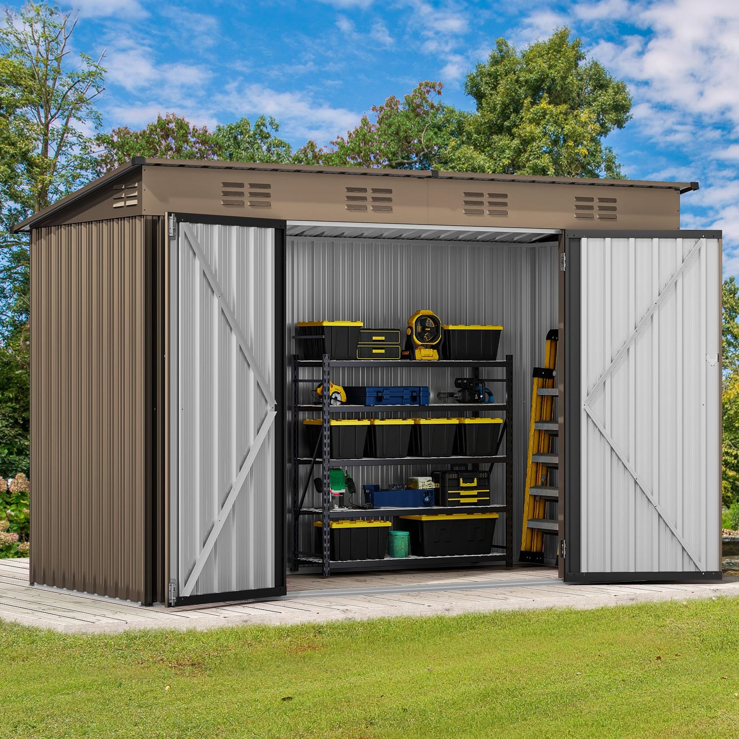 DWVO 9x4ft Large Outdoor Storage Shed, Metal Tool Sheds, Heavy Duty Tool Storage with Lockable Doors & Air Vent for Backyard Patio Lawn to Store Bikes, Tools, Lawnmowers,Brown