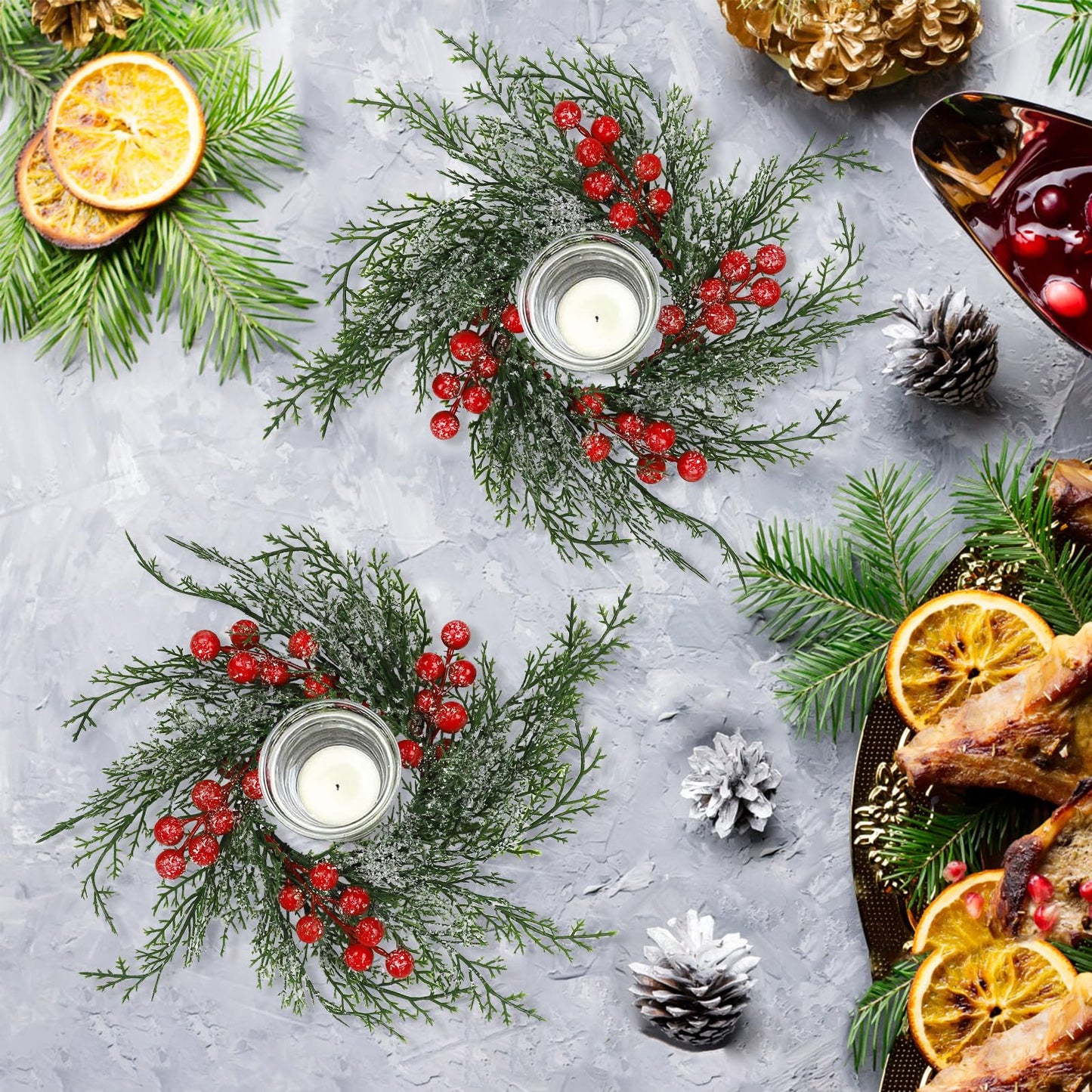 Serlvan 6 Pcs Christmas Candle Rings Wreath Artificial Candle Rings with Red Berry, Snowy Pine Garland Candle Ring Holder for Christmas Decorations Table Centerpiece