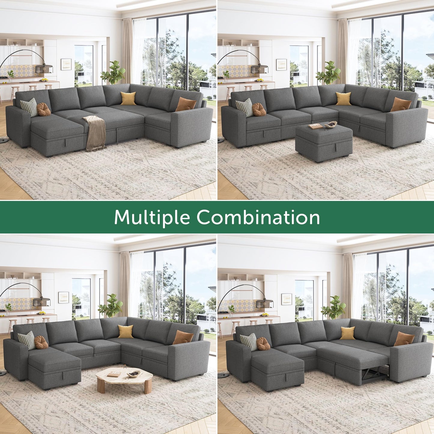 HONBAY Sectional Sleeper Sofa with Pull Out Bed, U Shaped Couch with Storage, Modular Sectional Couches for Living Room, Dark Grey