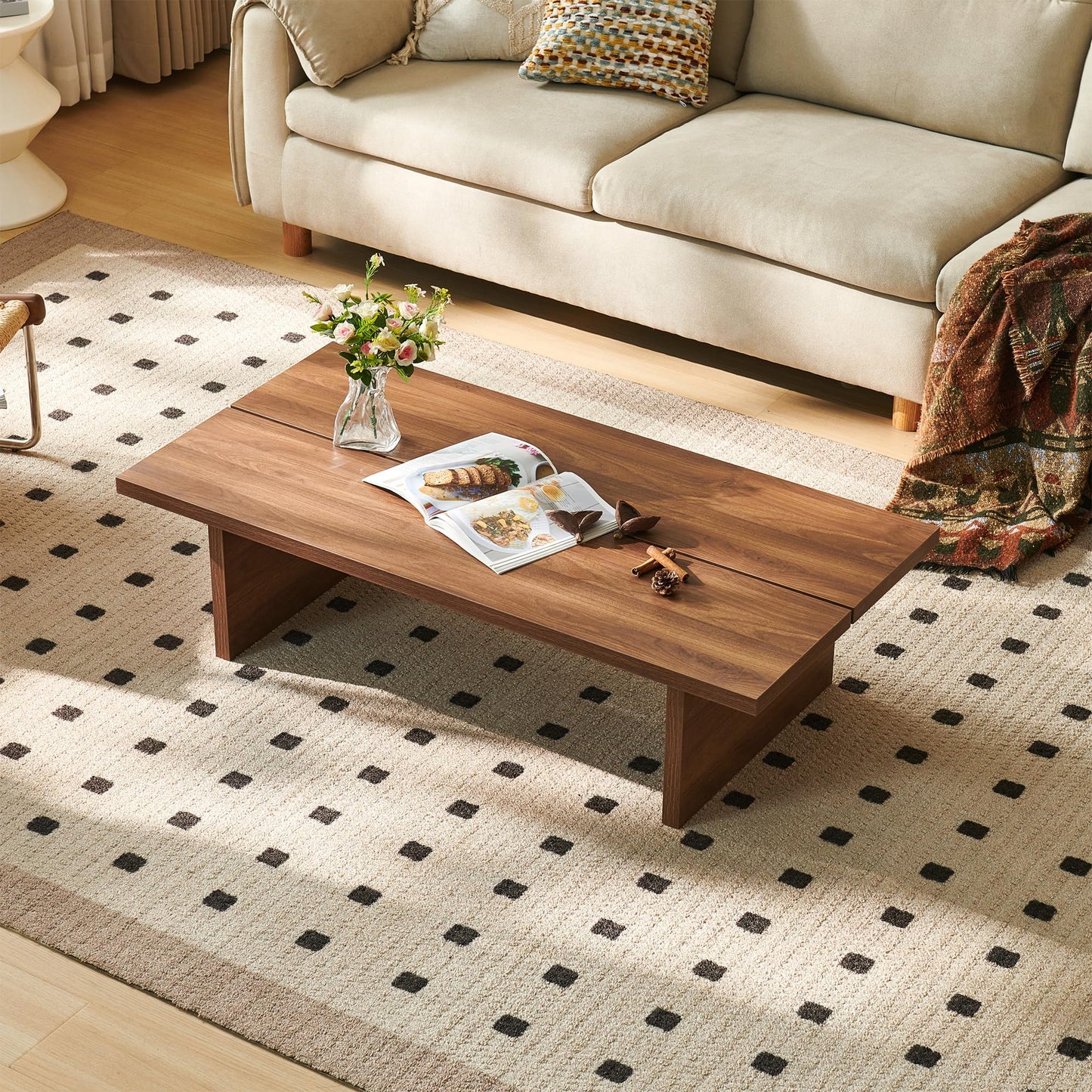 FHKJ Rectangle Coffee Table, 47" Modern Walnut Living Room Table with Wood Grain Surface, Low Profile Center Table, Japanese Tea Table, 2-Leg Design for Small Apartment Sofa, Walnut Brown