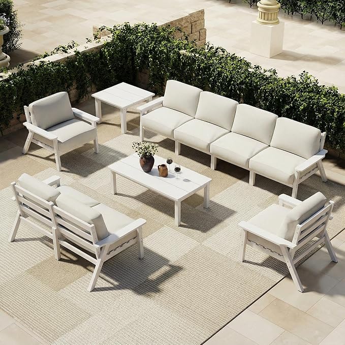 Patio Kingdom Patio Furniture Set 8 Seats, 4-Seater and 2-Seater Outdoor Sofas with Beige Washable Thick Cushions, Patio Conversation Sets for Lawn, Garden, Porch, Balcony, Deck (White Frame)