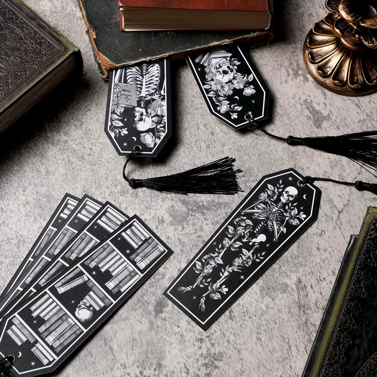 Kitticcino 30 Pieces Halloween Bookmarks Double Sided Printing Skeleton Coffin Bookmarks Page Markers with Black Tassels Reading Accessories Gifts for Women, Men, Teachers, Students, Book Lovers
