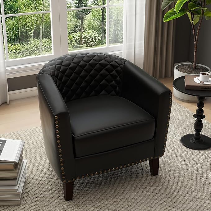 UIXE PU Leather Accent Chair, Barrel Club Chair Modern Upholstered Armchair for Living Room, Comfy Nailed Trim Arm Chair Bedroom Reading Seat, Black