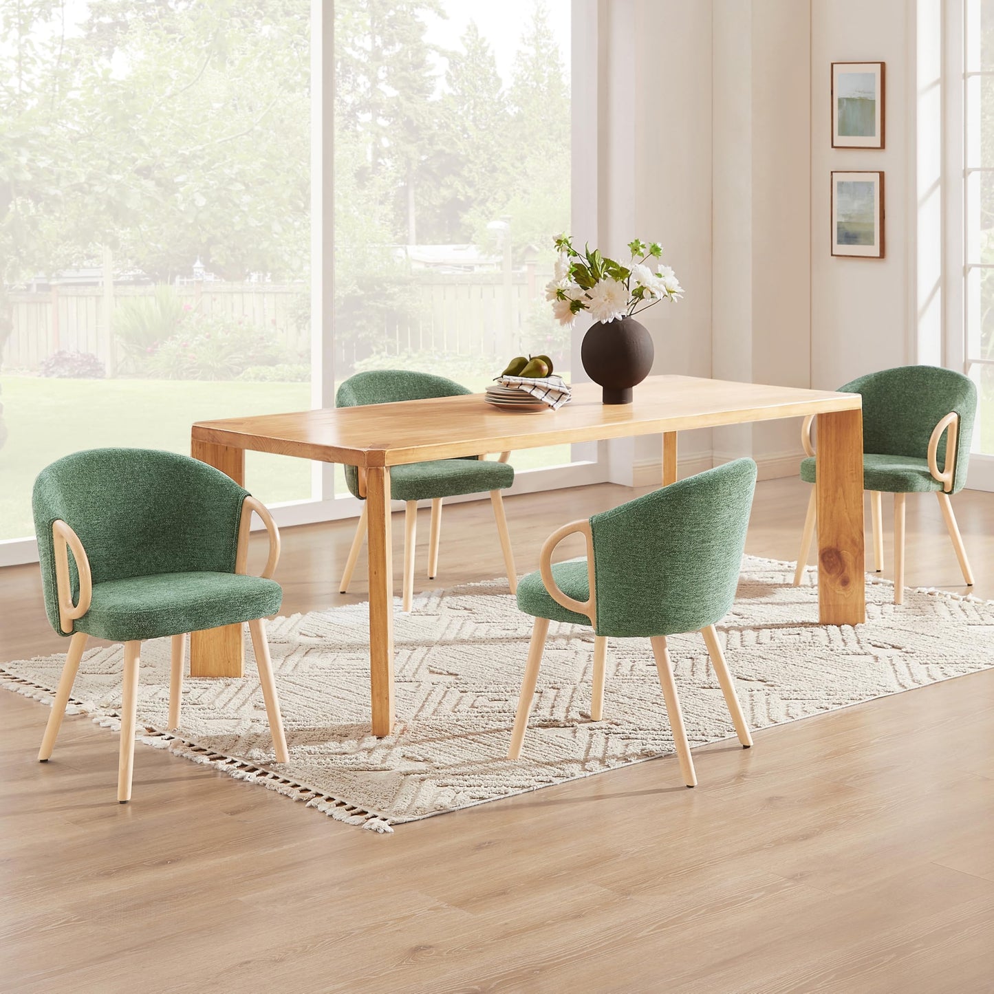Art Leon Kitchen Chairs - Modern Fabric Dining Chairs, Upholstered Vanity Chairs Arm Chairs with Wood Legs for Living Room Bedroom, Set of 4, Green