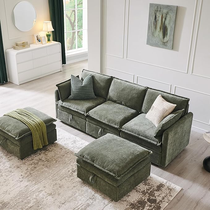 85.83" Sectional Couches for Living Room, Cloud Couch Sectional with Large Storage Ottoman, U-Shape Modular Sectional Sofa with 5 Seater Chenille Sofa and Pillow for Apartment, Bedroom, Green