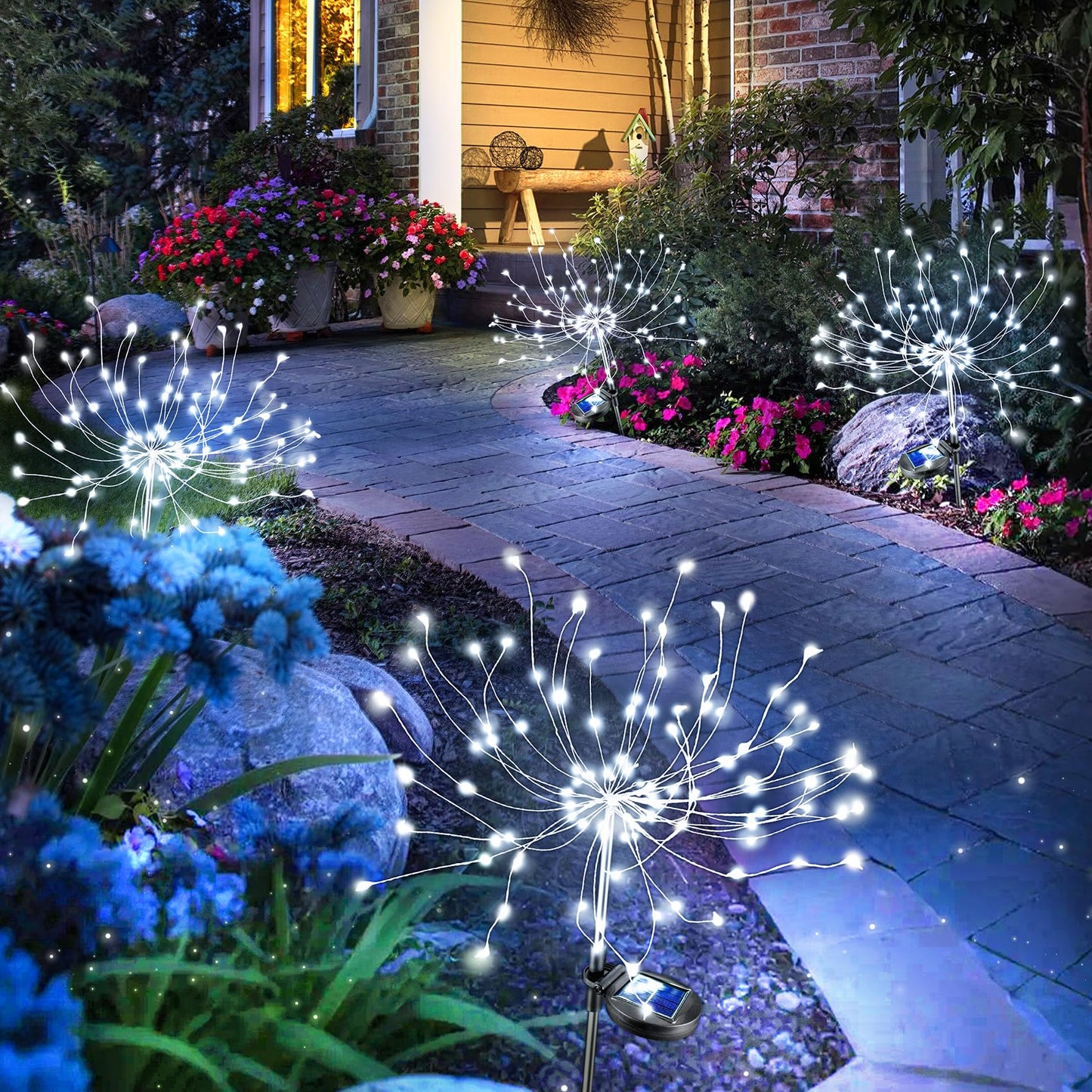 Anordsem Solar Garden Lights Outdoor: Bendable Copper Wire with 120 LED Firework Beads - Waterproof 2 White Lighting Modes for Yard Patio Path - Gardening Gifts for Homeowner Gardener