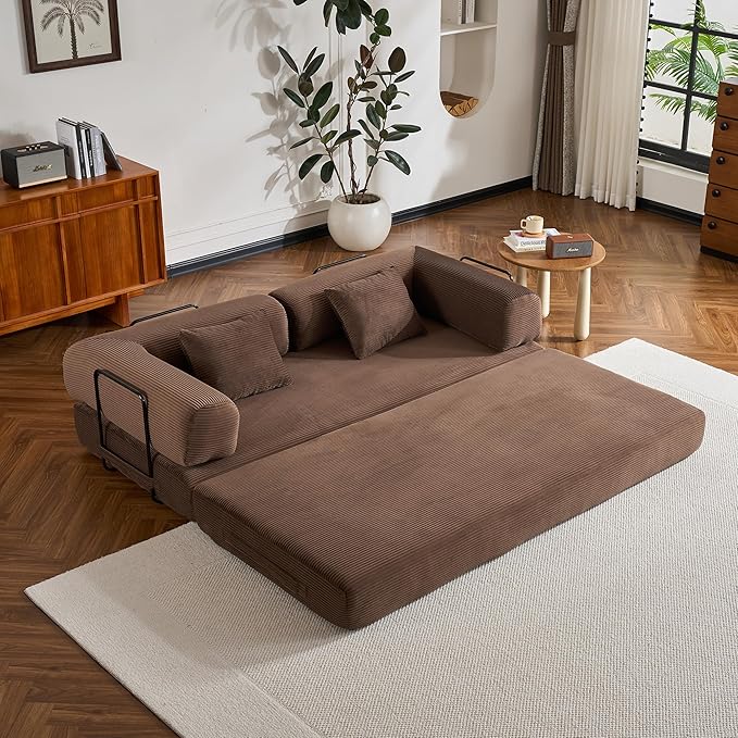 ZEIINPA Convertible Sleeper Sofa Bed, Corduroy Floor Couch with Fixed-Shape Frame, Comfy Modular Floor Sofa with Pull Out Bed, Sleeper Loveseat Boneless Couch for Living Room, Brown