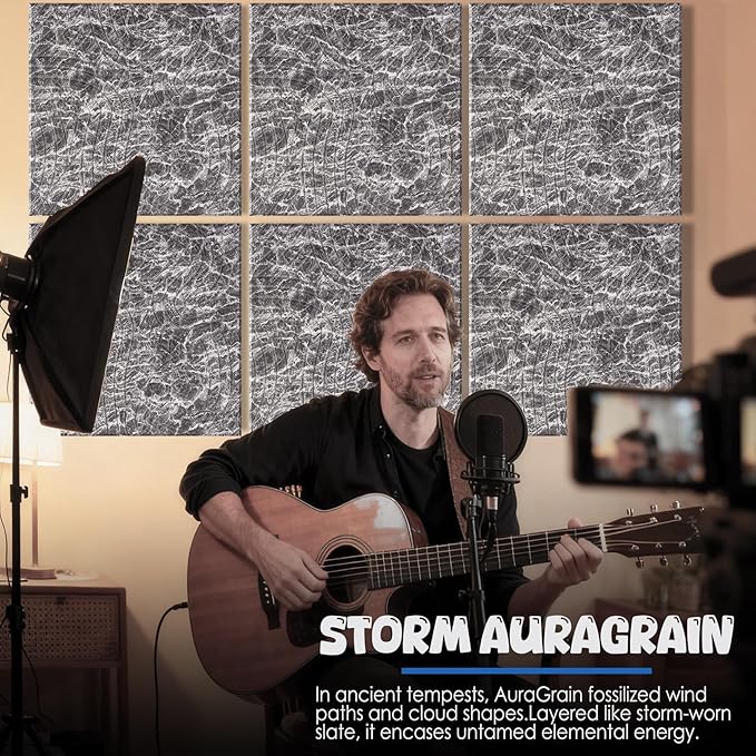 EVENRISING Acoustic Wall Panels 6 Pack, 24"x24"Decorative Art Soundproof Panels, Sound Absorbing Self-Adhesive Panel, Acoustic Treatment for Studio, Home Theater, Office (Storm AuraGrain)