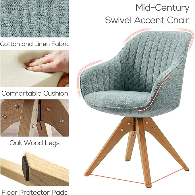 Art Leon Swivel Dining Chair - Mid Century Modern Fabric Upholstered Kitchen Dining Room Chair with Oak Wood Legs, Leisure Side Chair with Arms for Living Room, Light Blue