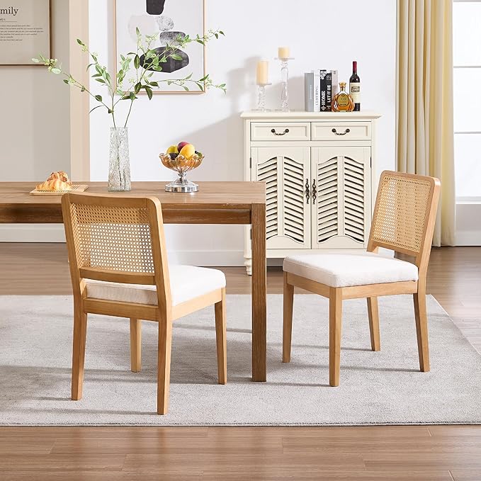 Wahson Mid Century Modern Dining Chairs Set of 2, French Country Modern Style, Rectangle Cane Upholstered Kitchen Chairs with Natural Wooden Legs, White Chenille