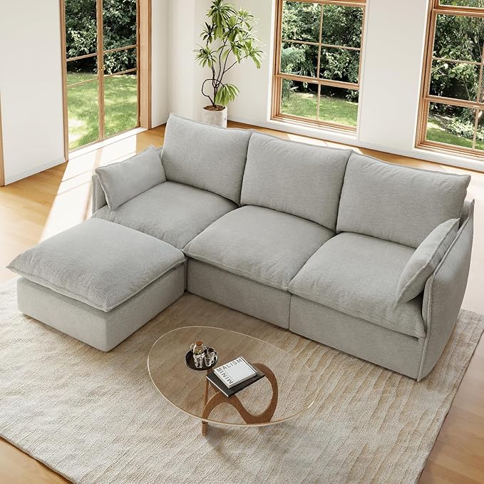 Forest aesthetics 94.5" L Shape Cloud Modular Sectional,4 Seater Waterproof High Backrest Sectional Sofas,Down Filled Modular Couch with Removable Washable Cover for Living Room,Light Gray
