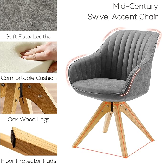 Art Leon Dining Chair, Mid Century Modern Faux Leather Upholstered Swivel Dining Room Chair with Oak Wood Legs, Leisure Side Chair with Arms for Living Room, Gray