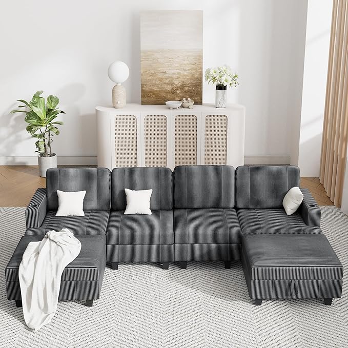 120" U Shaped Modular Sectional Sleeper Sofa, Soft Corduroy Sectional with Armrests, 2 Cup Holders & 2 USB Ports, 21" Deep Seat Cloud Couch for Living Room, Bedroom Office (Grey, 4 Seat + 2 Ottoman)