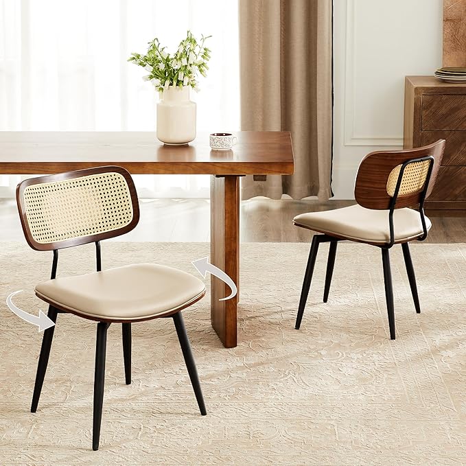 Quenvo Swivel Dining Chairs with Rattan Back, Rattan Leather Dining Chairs with Swivel Metal Legs, Mid-Century Modern Synthetic Leather Upholstered Kitchen Chair, Set of 6, Beige